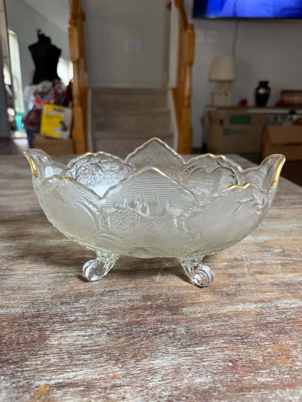 Vintage Jeannette Glass Lombardi Pattern Footed Bowl with Gold Trim